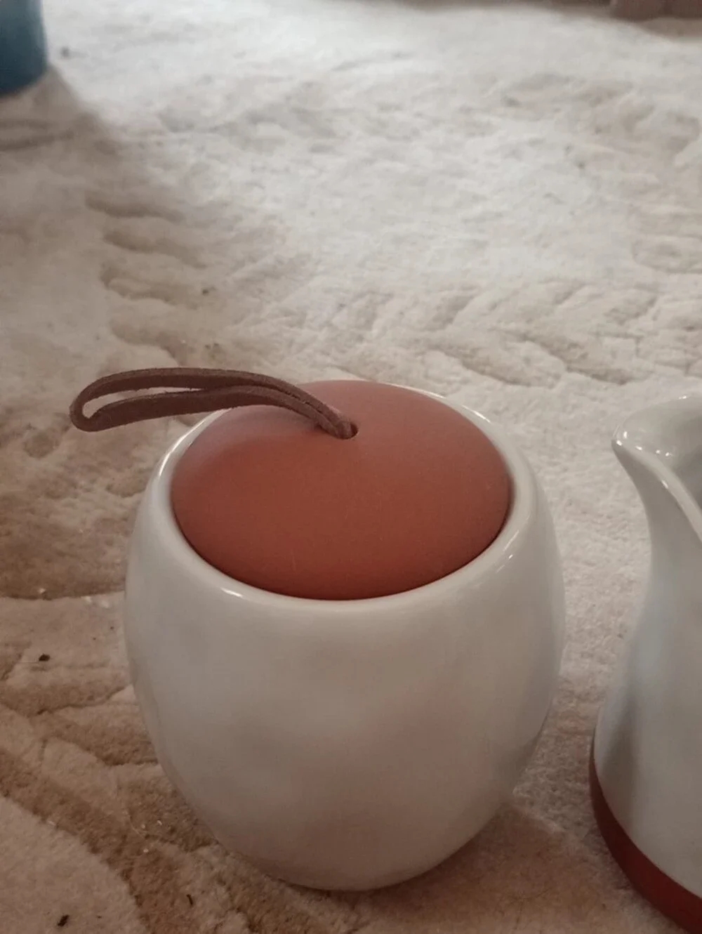 White Ceramic Creamer and Sugar Jar with Terracotta Accents